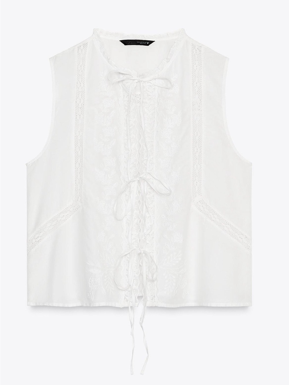 Zara White Sleeveless Lace Tie-Front Blouse